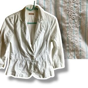 Beautiful cotton eyelet blazer with subtle blue stripes.